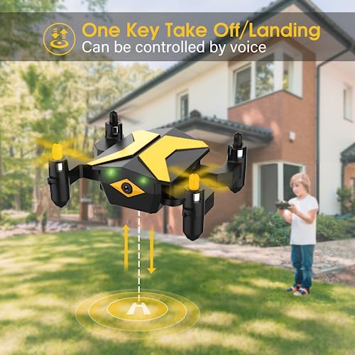 Mini Drone with Camera Drones for Kids Beginners, RC Quadcopter with App FPV Video, Voice Control, Altitude Hold, Headless Mode, Trajectory Flight, Foldable Kids Drone Christmas gift for Kids-Yellow