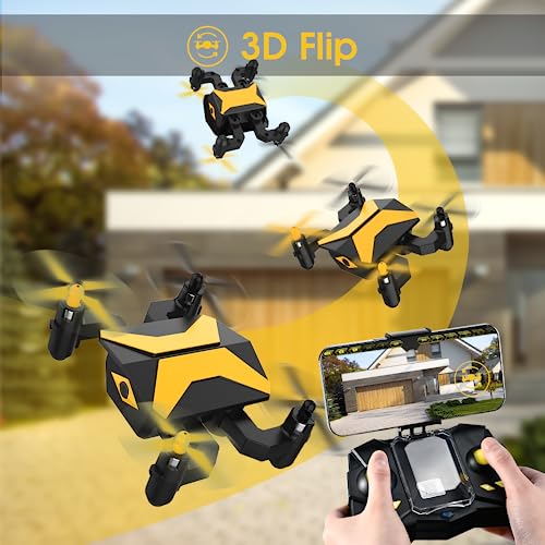 Mini Drone with Camera Drones for Kids Beginners, RC Quadcopter with App FPV Video, Voice Control, Altitude Hold, Headless Mode, Trajectory Flight, Foldable Kids Drone Christmas gift for Kids-Yellow