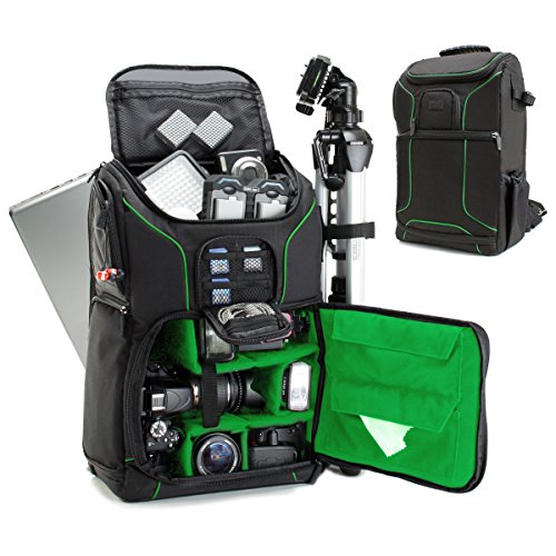 USA Gear DSLR Camera Backpack Case (Green) - 15.6 inch Laptop Compartment, Padded Custom Dividers, Tripod Holder, Rain Cover, Long-Lasting Durability and Storage Pockets - Compatible with Many DSLRs