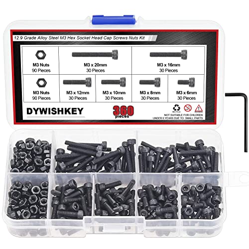 DYWISHKEY 360 Pieces M3 x 6mm/8mm/10mm/12mm/16mm/20mm, 12.9 Grade Alloy Steel Hex Socket Head Cap Bolts Screws Nuts Kit with Hex Wrench