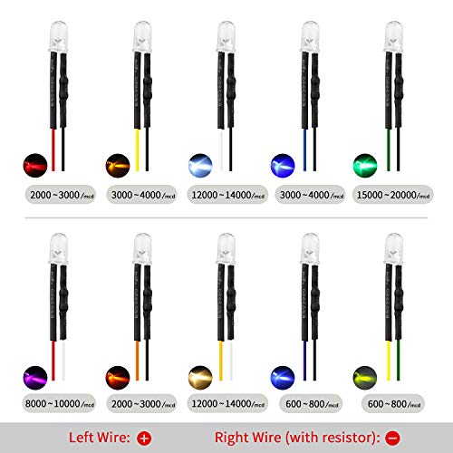 DiCUNO 100Pcs (10 Colors × 10Pcs) 5MM Pre Wired 12V LED Diodes, 9.4 Inch/24CM Ultra Bright Light Emitting Diodes Assorted Color Kit Box for Circuit Science Experiment, DIY Lighting Projects