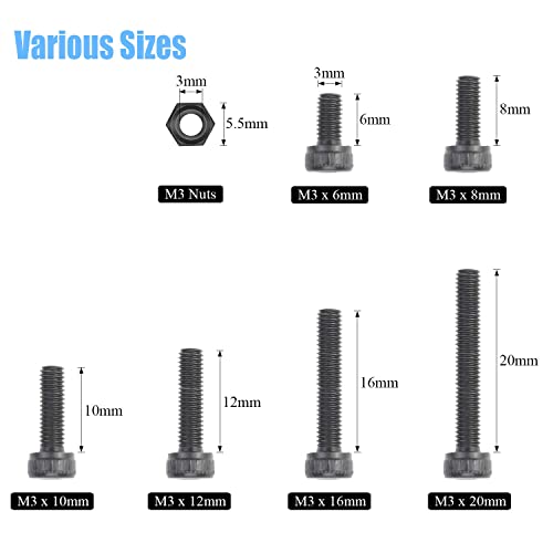 DYWISHKEY 360 Pieces M3 x 6mm/8mm/10mm/12mm/16mm/20mm, 12.9 Grade Alloy Steel Hex Socket Head Cap Bolts Screws Nuts Kit with Hex Wrench