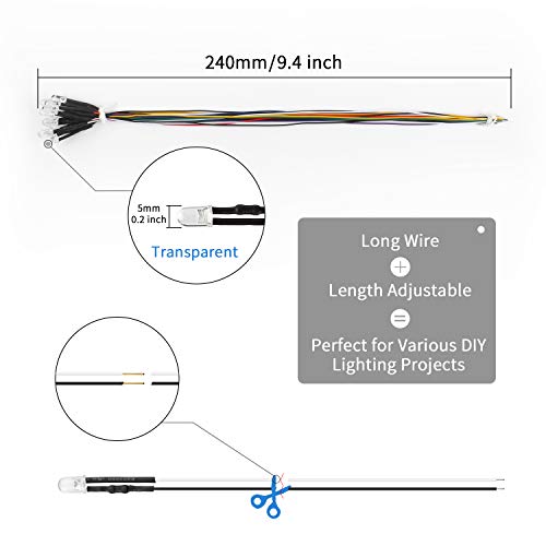 DiCUNO 100Pcs (10 Colors × 10Pcs) 5MM Pre Wired 12V LED Diodes, 9.4 Inch/24CM Ultra Bright Light Emitting Diodes Assorted Color Kit Box for Circuit Science Experiment, DIY Lighting Projects