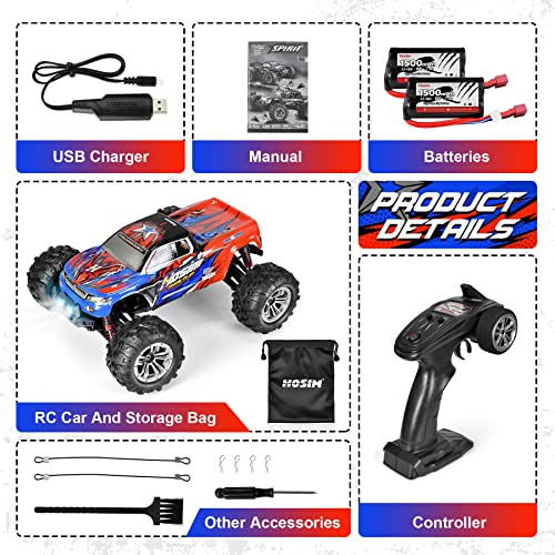 Hosim 1:16 Scale 4WD 36km/h High Speed RC Truck 9135 Remote Control RC Car 2.4Ghz Radio Controlled Off-Road RC Monster Truck RTR Hobby Car Buggy for Kids Adults (Red)