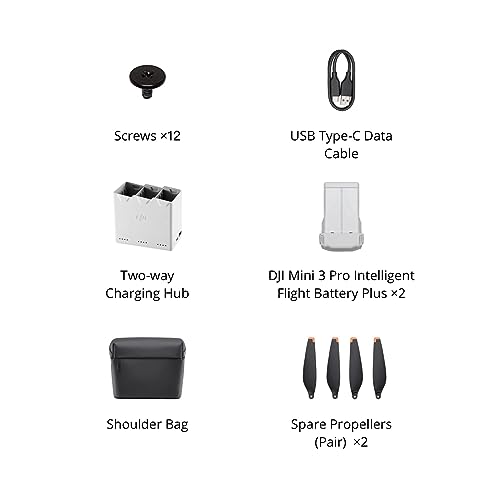 DJI Mini 3 Pro Fly More Kit Plus, Includes Two Intelligent Flight Batteries Plus, a Two-Way Charging Hub, Data Cable, Shoulder Bag, Spare propellers, and Screws