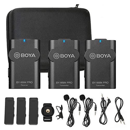 2.4G Wireless Lavalier Microphone System, BOYA WM4 PRO-K2 Lapel Clip-on Mini Wireless Mic Compatible with Canon Nikon Sony DSLR Camera iOS Android Smartphone Audio Recorder YouTube Facebook Vlogging