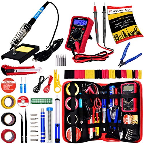 Soldering Iron Kit - Soldering Iron 60 W Adjustable Temperature, Digital Multimeter, Stand, Soldering Iron Tip Set, Desoldering Pump, Solder Wick, Tweezers, Rosin, Wire - [110 V, US Plug] from Plusivo