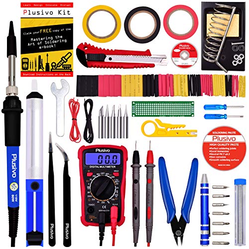 Soldering Iron Kit - Soldering Iron 60 W Adjustable Temperature, Digital Multimeter, Stand, Soldering Iron Tip Set, Desoldering Pump, Solder Wick, Tweezers, Rosin, Wire - [110 V, US Plug] from Plusivo