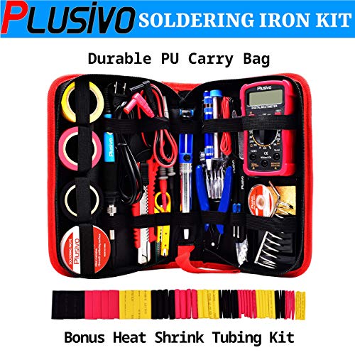 Soldering Iron Kit - Soldering Iron 60 W Adjustable Temperature, Digital Multimeter, Stand, Soldering Iron Tip Set, Desoldering Pump, Solder Wick, Tweezers, Rosin, Wire - [110 V, US Plug] from Plusivo