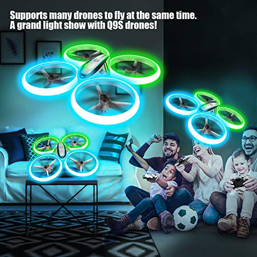 Q9 Drones for Kids,RC Drone with Altitude Hold and Headless Mode,Quadcopter with Blue & Green Lights,Propellers Full Protect and Double Batteries,Easy to Fly Gift Toy for Boys and Girls