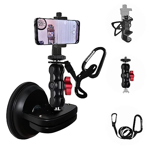 NUNET Suction Cup Mount for Heavy Duty DSLR/NuCam WR/Gopro, Strong 5" Diameter Suction Base ABS, Perfect for Car/Boat/Windshield/Window, Aluminum with 360° Camera Rotation Ball Head with Safety Tether