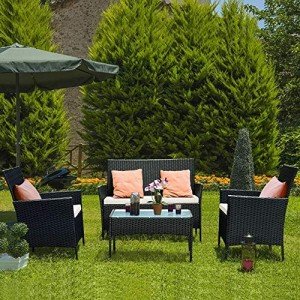 Bigzzia Black Rattan Patio Furniture Set, 4 Pieces