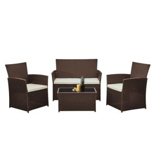 Rattan Patio Furniture Set for 4 with Glass Table