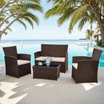 Rattan Patio Furniture Set for 4 with Glass Table