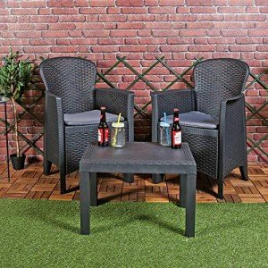 Black Rattan Bistro Set with Cushions - 3 Pieces