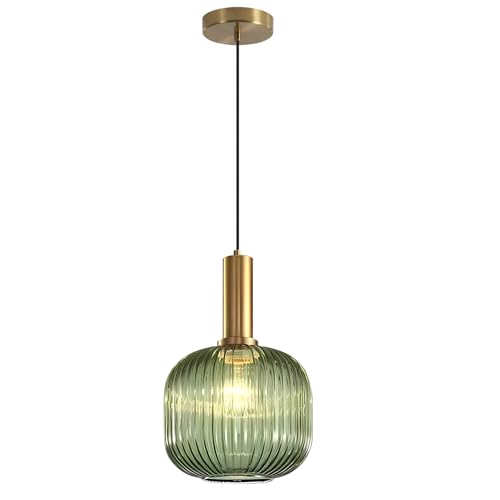 Large Green Glass Pendant Light with Gold Globe