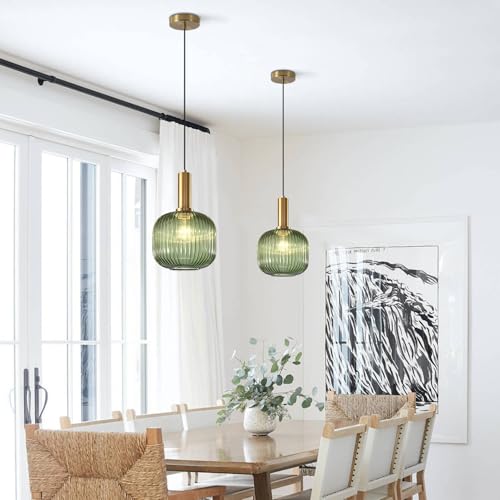 Large Green Glass Pendant Light with Gold Globe