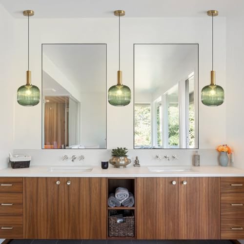 Large Green Glass Pendant Light with Gold Globe