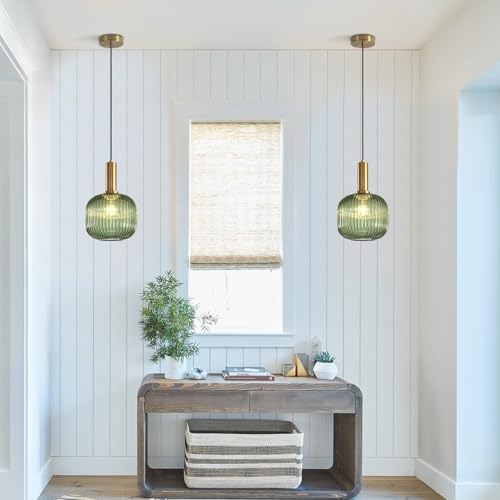 Large Green Glass Pendant Light with Gold Globe