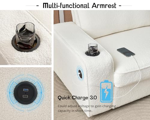 89in Offwhite Bouclé Modern Sofa with Cup Holders