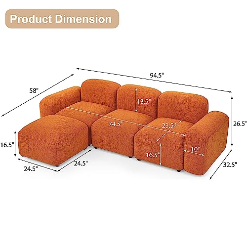 Modular L-Shaped Minimalist Sofa in Orange Teddy