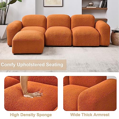 Modular L-Shaped Minimalist Sofa in Orange Teddy