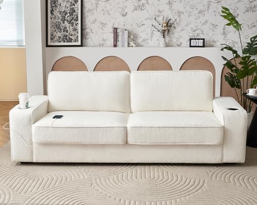 89in Offwhite Bouclé Modern Sofa with Cup Holders