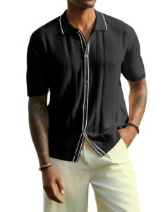 Men's Black Knit Button Down Polo Shirt