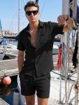 JMIERR Men’s Summer Linen Beach Set, Black