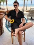 JMIERR Men’s Summer Linen Beach Set, Black