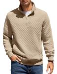 COOFANDY Mens Quarter Zip Pullover Quilted Sweatshirt Knit Long Sleeve Mock Neck Sweater Polo with Pocket Khaki