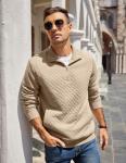 COOFANDY Mens Quarter Zip Pullover Quilted Sweatshirt Knit Long Sleeve Mock Neck Sweater Polo with Pocket Khaki