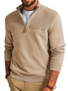 PJ PAUL JONES Men's Quarter Zip Pullover Sweater Casual Mock Neck Polo Sweater with Ribbing Edge Khaki