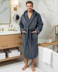 NY Threads Mens Robe with Hood, Luxury Plush Fleece Hooded Mens Bathrobe, Spa Bath Robe for Men, Large/X-Large, Grey
