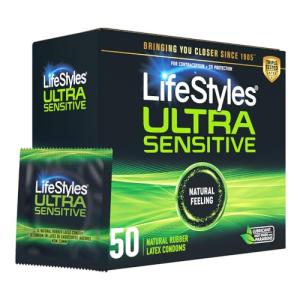 LifeStyles Ultra Sensitive Premium Lubricated Natural Latex Condoms Value Pack - 50 Count, 1 Pack - Triple Tested for Best Protection, Made with UltraGlide Silicone Lube