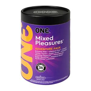 ONE Condoms Mixed Pleasures | Variety of Thin, Glow in The Dark, Studded, and More | 36 Pack