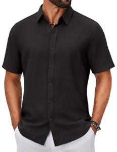 COOFANDY Men's Button Down Shirts Short Sleeve Casual Summer Beach Vacation Wedding Shirt Black