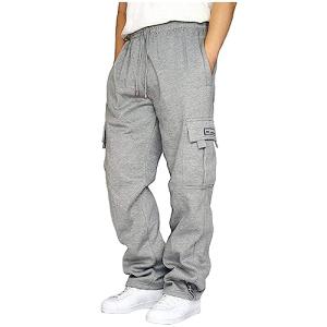Men's Cargo Sweatpants Casual Fleece Joggers Loose Fit Open Bottom Athletic Pants for Men with Pockets Light Gray XL