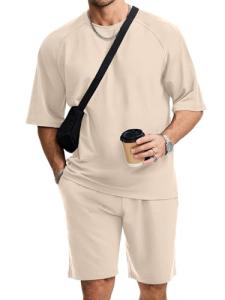 JMIERR Mens 2 Piece Outfits Oversized Casual Summer Shorts Set Raglan Sleeve T-shirts & Workout Short Suits for Men 2026, Cream M