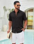 COOFANDY Men's Button Down Shirts Short Sleeve Casual Summer Beach Vacation Wedding Shirt Black
