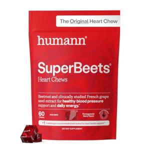 Humann SuperBeets Heart Chews, Nitric Oxide and Blood Pressure Support, Grape Seed Extract & Non-GMO Beet Root Powder Energy Supplement, Pomegranate Berry Flavor, 60 Count
