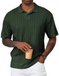 JMIERR Mens Polo Shirt Short Sleeve Casual Vintage Textured Button Down Knit Tee Shirts Old Money Clothes, 3XL, Green