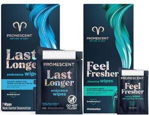 Promescent Delay Wipes Sexual Enhancer for Men + Flushable Wipes for Adults, Hygiene Wipes, Feminine Wipes Individually Wrapped, Intimate Wipes for Men & Women with Aloe Vera, Flushable Female Wipes