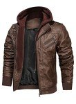 Men’s Faux Leather Zip-Up Bomber Jacket with Hood