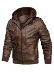 Men’s Faux Leather Zip-Up Bomber Jacket with Hood