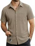AOTIK Mens Button Down Short Sleeve Shirts Casual Waffle Summer Shirts Beach Vacation Shirt X-Large Tan