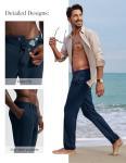 PJ PAUL JONES Mens Casual Linen Pants Elastic Waist Summer Pleated Beach Trousers Lightweight Vacation Pants Dark Blue XL