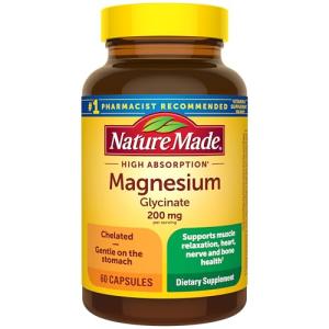 Nature Made Magnesium Glycinate 200 mg per Serving, Magnesium Supplement for Muscle, Heart, Nerve and Bone Support, 60 Magnesium Bisglycinate Capsules, 30 Day Supply