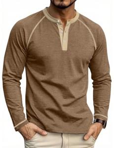 Men's Henry Long Sleeved T-Shirt Cotton Casual Button Lightweight Pullover Shirt Soft Stretch Tees Tops Heather Camel