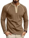 Men's Henry Long Sleeved T-Shirt Cotton Casual Button Lightweight Pullover Shirt Soft Stretch Tees Tops Heather Camel